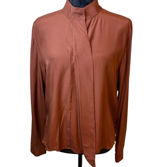 Frame | Andorra Brown Long Sleeve 100% Silk Charmeuse Blouse | Sz L - Picture 1 of 9